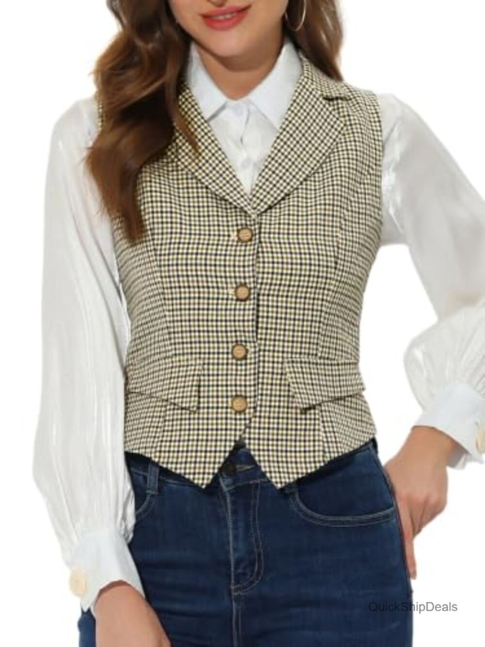Plaid Vest Notched Lapel Collar Sleeveless Waistcoat for Work Office